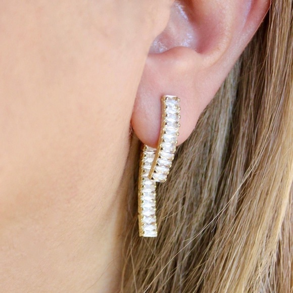 925 Sterling Silver Gold Plated Baguette Earrings Geometric Zircon Earrings - Picture 13 of 15